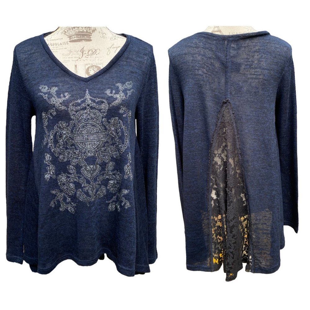 Harley-Davidson Long Sleeve V-Neck Top Lace Back Sexy Hi-Low Shirt